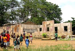 A school destroyed during the 12-year war in Sierra Leone, one of many schools destroyed that Hakeem Schools has been set up to replace